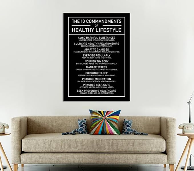 Inspirational Wall Art Exercise Healthy Growth Quote Motivational The 10 Commandments Of Healthy Lifestyle Canvas Poster Painting Prints for Office Living Room Home Decor Framed Artwork[30''W x 40''H]