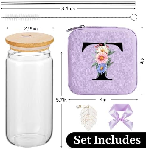 AYGXU Birthday & Special Occasion Gifts for Women & Girls - Travel & Home Glass Cup with Bamboo Lid, Straw & Initial T Purple - Image 2