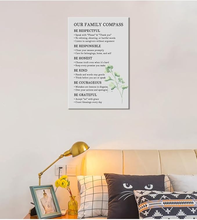 Our Family Compass Quote Canvas Wall Art House Rules Sweet Home Wall Decor for Living Room Decoration Family Sign Poster Picture Artwork Print for Home Bedroom Framed Ready to Hang [12''W x 18''H]