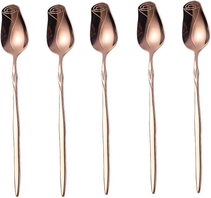 Rose Gold Stainless Steel 5-Piece Spoon Set - Rose Flower, Coffee, Dessert, Ice Cream, Tea & Love Spoons - Cute