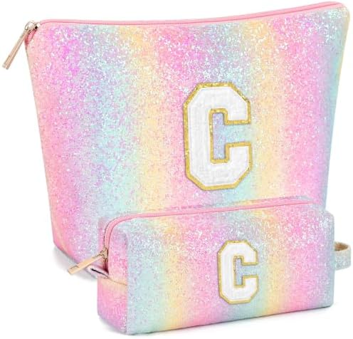 mibasies 2 PCS Initial Makeup Bags for Women: Cosmetic Bag for Travel Toiletry - Birthday Gifts for Teen Girl Gifts Trendy Stuff - Graduation Teacher Gift for Girlfriend -Glitter Rainbow C by mibasies