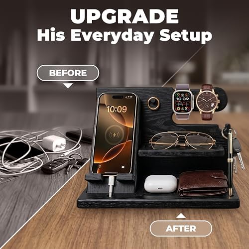 TESLYAR Wood Phone Docking Station for Men - Desk or Nightstand Organizer - Birthday Gifts for Husband, Dad - Anniversary Idea from Wife - Key Holder, Stand Wallet, Watch & Essentials (Granite Black) - Image 3