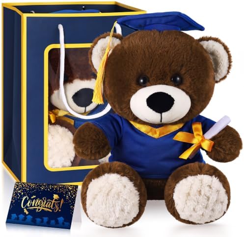 Bear with Graduation Cap Toys Class of 2026 Plush Stuffed Teddy Bear Animal Dog Cap and Gown with Greeting Card and Bag for Graduation Day Gift(Royal Blue) by ZJoey
