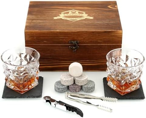 Whiskey Stones Gift Set, 2 Large Crystal Whiskey Glasses in Wood Gifts Box by Exreizst