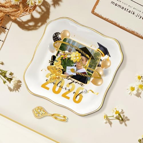 College and High School Graduation Gift for Her, Personalized Graduation Jewelry Dish Class of 2026, Ceramic Ring Tray 4.3x4.3 inches, Customizable Names and Birth Month Flowers - Image 2