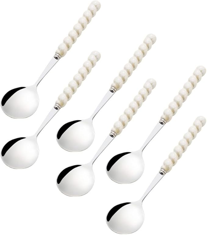 (6 Pieces) 7.48 Inch Exquisite Ceramic Spoon Household Stainless Steel Eating and Drinking Soup Spoon Coffee Spoon Tea Spoon (Beige)