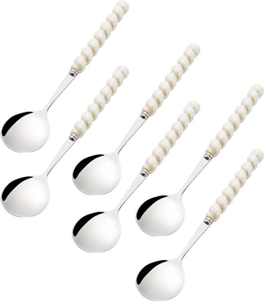 (6 Pieces) 7.48 Inch Exquisite Ceramic Spoon Household Stainless Steel Eating and Drinking Soup Spoon Coffee Spoon Tea Spoon (Beige)