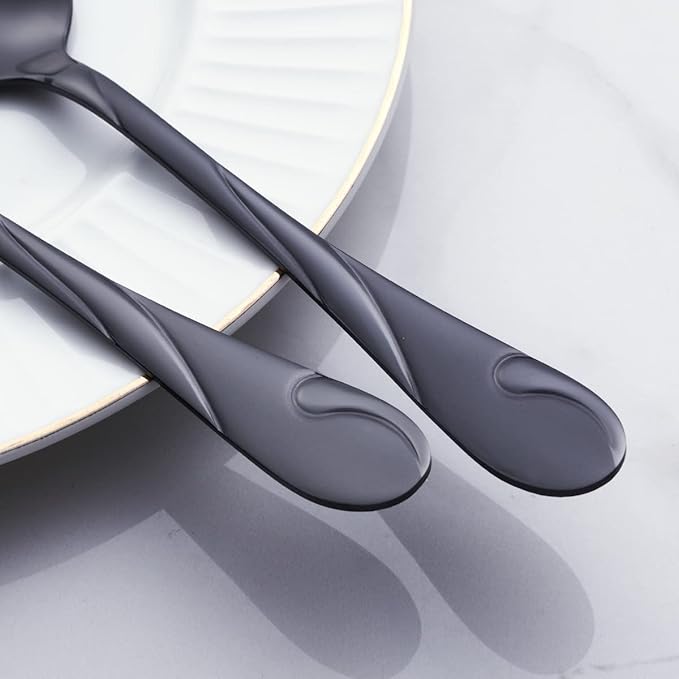 Black Dinner Spoon Set, Seeshine 7.6-inch Stainless Steel Shiny Black Soup Table Spoon Silverware, Set of 6