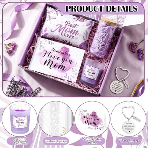 Bokon 6 Pcs Birthday Gifts for Mom Best Mom Ever Gifts Box Set with 16oz Glass Cup Scented Candle Makeup Bag from Daughter Son for Wife Mother Day Party(Purple) - Image 4