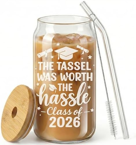 Class of 2026 Graduation Glass Cup with Lid & Straw – “The Tassel was Worth The Hassle” Iced Coffee Glass, 16oz Frosted Can-Shaped Cup, Senior Graduation Gift for Him Her, Graduate Party Drinkware by iematoz