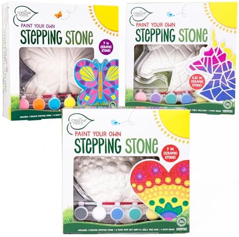 Creative Roots Paint Your Own Stepping Stones Multipack with Butterfly, Unicorn, & Heart, 3 Ceramic Stepping Stones (7 Inch Each), 18 Acrylic Paints, 3 Paintbrushes, Ages 8+ by CreativeRoots