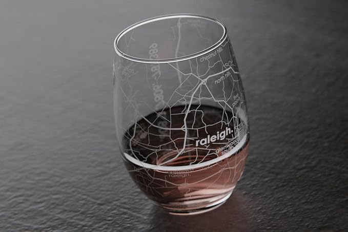 Well Told Engraved Raleigh North Carolina Map Stemless Wine Glass, Etched Glass (15 oz, Clear) City Custom Gifts for Lovers