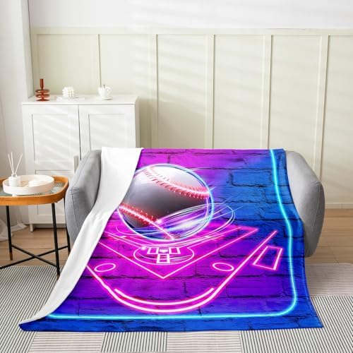 Erosebridal Baseball Flannel Blanket Twin 60x80 Inch Brick Neon Fleece Blanket Light Strip Geometric Fuzzy Plush Throw Square Purple Living Room Decor - Image 2