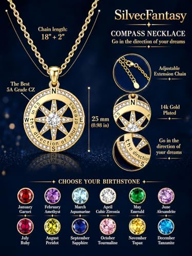 Compass Necklaces for Women, 14K Gold Anniversary Birthday Gifts for Wife Girlfriend Her, Inspirational Graduation Jewelry Gift with 1 Birthstone ‘Go in the direction of your dreams’ - Image 4