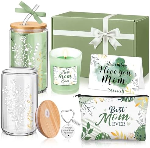 Bokon 6 Pcs Birthday Gifts for Mom Best Mom Ever Gifts Box Set with 16oz Glass Cup Scented Candle Makeup Bag from Daughter Son for Wife Mother Day Party(Sage Green) by Bokon