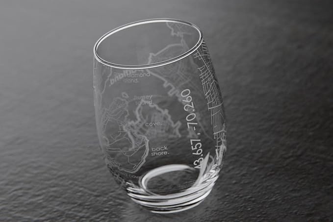 Well Told Engraved Portland Maine Map Stemless Wine Glass, Etched Glass (15 oz, Clear) City Custom Gifts for Lovers
