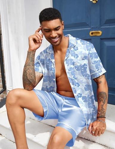 Ekouaer Mens Silk Satin Pajamas Set Short Sleeve Button Up Lounge Pjs Set - Image 5