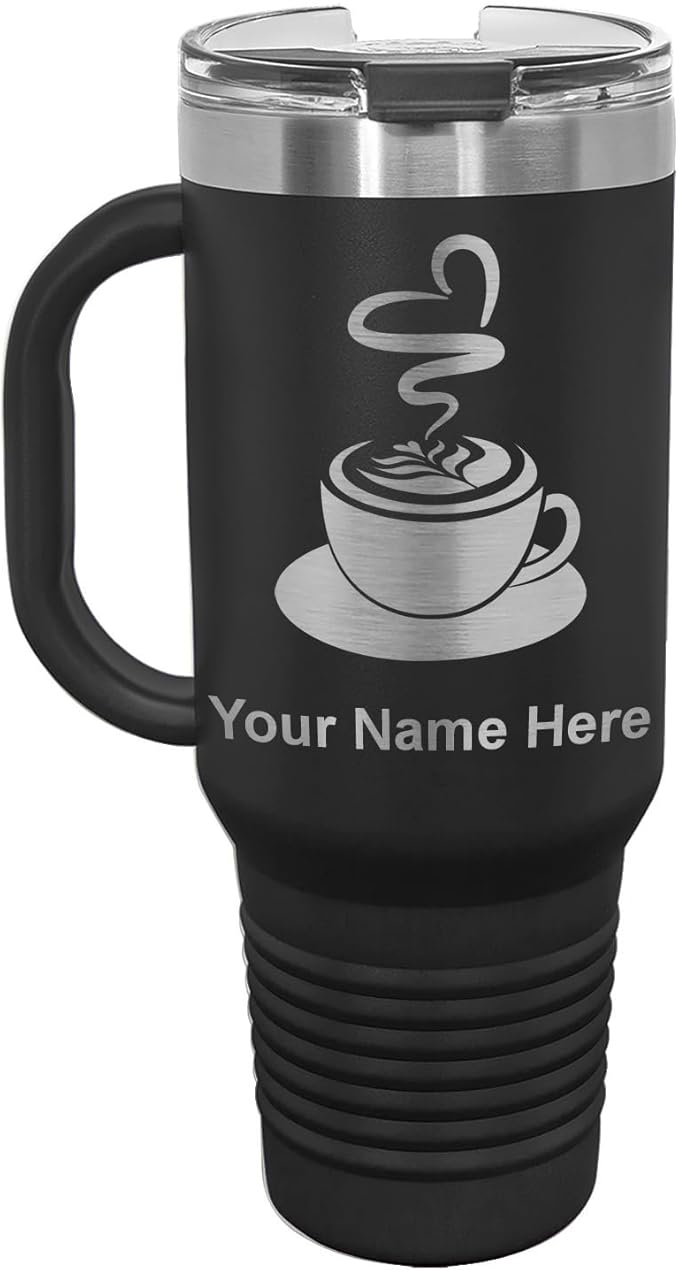 LaserGram 40oz Vacuum Insulated Travel Mug with Handle, Cup of Coffee, Personalized Engraving Included (Black)