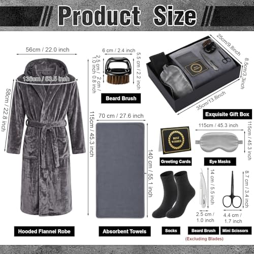 9 Pcs Birthday Gifts for Men Beard Care Set for Him Father's Gifts Basket Kit Get Well Soon Gift Basket with Hooded Robe, Long Towel, Socks for Dad Grandpa Husband Boyfriend(Dark Grey) - Image 2