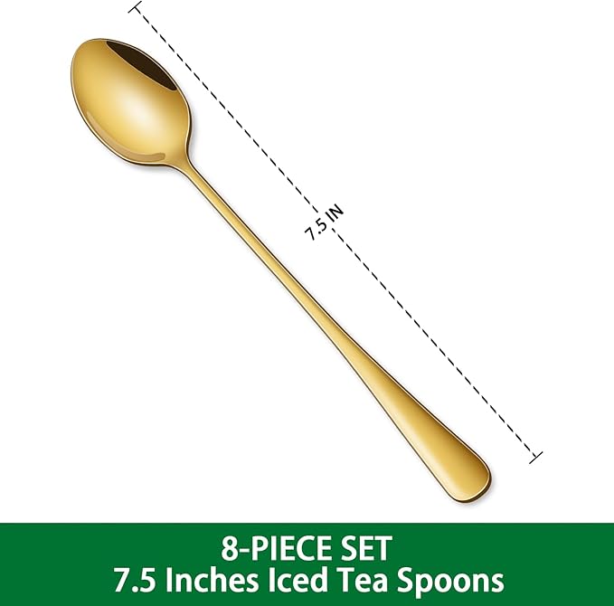 7.5 Inch Gold Iced Tea Spoons,Set Of 8 Stainless Steel Long Coffee Spoons,Long Handle Stirring Spoon For Dessert,Coctails,Ice Cream,Milk,Iced Teaspoons For Bar