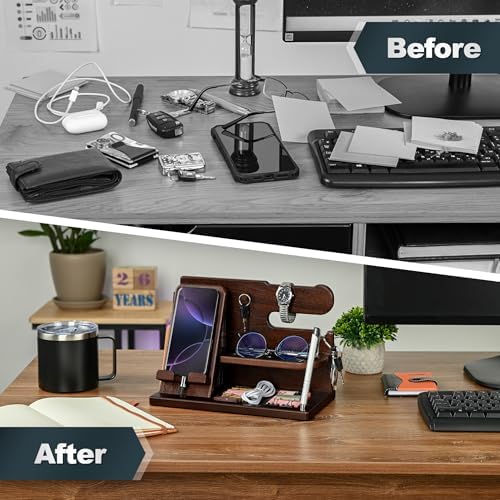 TESLYAR Wood Phone Docking Station for Men - Desk or Nightstand Organizer - Birthday Gifts for Husband, Dad - Anniversary Idea from Wife - Key Holder, Stand Wallet, Watch, Essentials (Chocolate Brown) - Image 3
