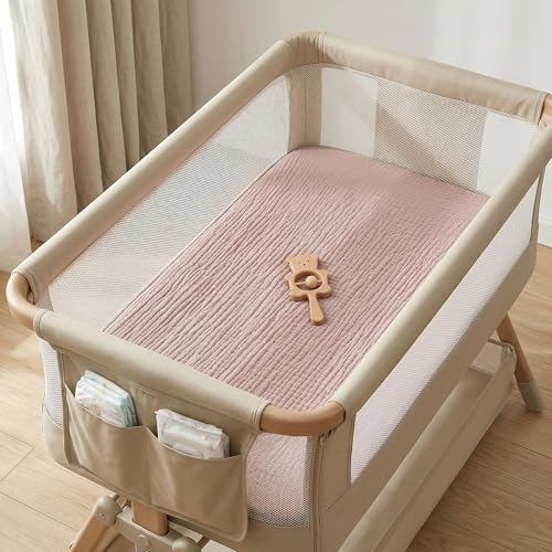 Muslin Bassinet Sheet Compatible with Maxi-Cosi Iora & Iora Air Bedside Sleeper - 100% Cotton Rectangular Mattress Pad Cover (33"x20"), Breathable & Soft, Boho (1 Pack Pink) - Image 6
