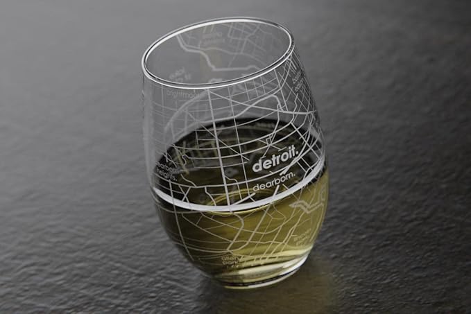 Well Told Engraved Detroit Michigan Map Stemless Wine Glass, Etched Glass (15 oz, Clear) City Custom Gifts for Lovers