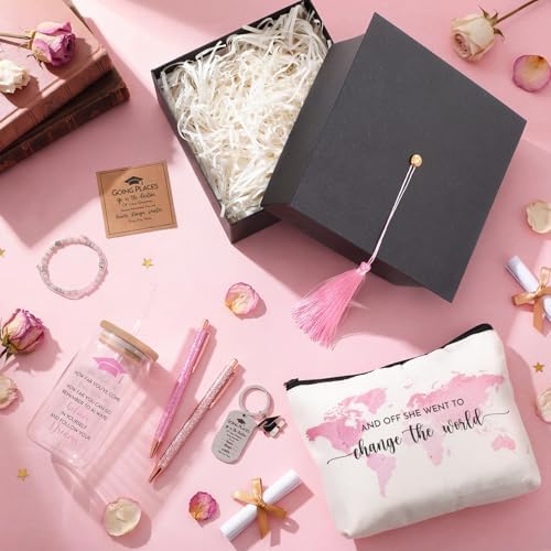 Vesici 8 Pcs Class of 2026 Graduation Gift Box Set for Women Her Grad Cap Box Glass Cup Makeup Bag Bracelet Pen Keychain College High School Graduation Gift for Daughter Sister Friend(Pink) - Image 6