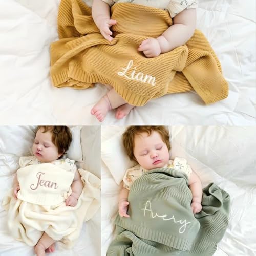 Personalized Baby Blanket for boy and Girls 40 x 30 in, Custom Hand Knit Baby Blanket Items, Soft Breathable Muslin Baby swaddles with Name, Newborn Baby Gifts and Birthday, Festival Gifts, Blue - Image 4