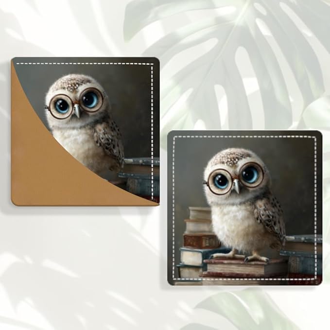 2PCS Leather Bookmarks 3.54 x 3.54 Inch Night Owl with Glasses and Vintage Books Design Reading Accessories for Books Journals Bibles Travel Diary Students Teachers and Book Lovers Gift