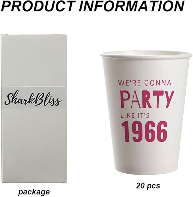 SharkBliss 1966 60th Birthday Party Cups 9oz Pink 20 Pack Disposable Cups – Party Like It's 1966