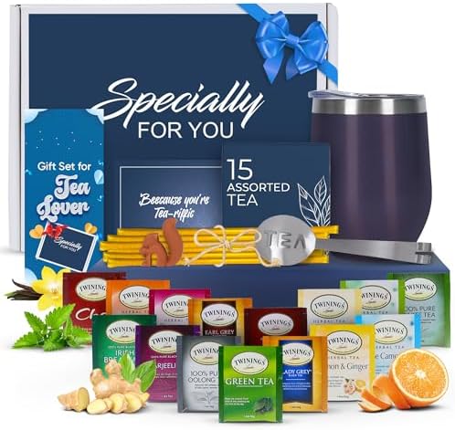 Tea Gifts for Men – Sampler Set with 15 Unique Blends, Honey Sticks, Insulated Stainless Tumbler & Gift-Ready Box – Birthday & Father's Day for Him, Tea Lovers (Blue/Blue box) by ModernElegance