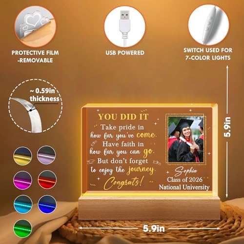 Hyturtle Personalized Graduation Night Light - Custom Name Acrylic LED Light - Inspirational Graduation for Women - Senior 2026 Graduation Gifts Her Him - College Grad Gifts - Graduation Gifts - Image 4