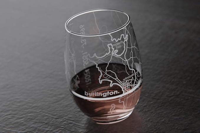 Well Told Engraved Burlington Vermont Map Stemless Wine Glass, Etched Glass (15 oz, Clear) City Custom Gifts for Lovers