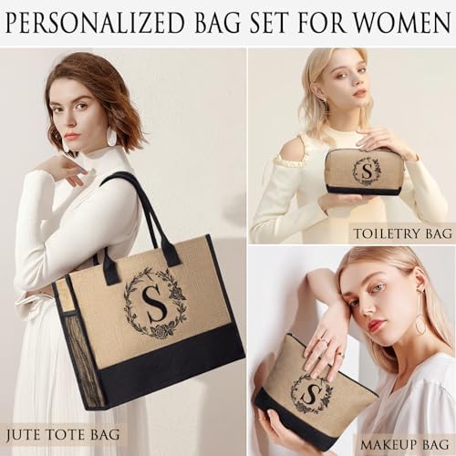 Personalized Birthday Gifts for Women, Monogrammed Initial Jute Tote Bags - Image 3