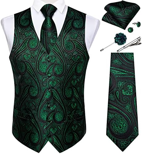 DiBanGu Mens Vest and Tie Set Formal Paisley Waistcoat and Necktie Pocket Square Cufflinks Silk Suit Vest for Tuxedo Wedding by DiBanGu