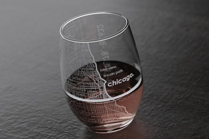 Well Told Engraved Chicago Illinois Map Stemless Wine Glass, Etched Glassware (15 oz, Clear) City Map Gift, Custom Barware, Gifts for Wine Lovers