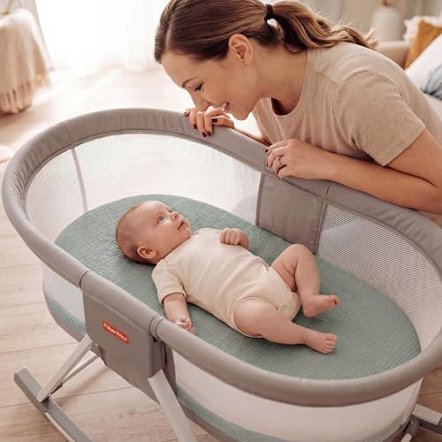 Pro Goleem Muslin Bassinet Sheet for Boys and Girls, Soft Breathable Fitted Cotton Baby Sheets Set for Oval Hourglass and Rectangular Bassinet Mattress, Neutral, 2 Pack (Grey＆Green) - Image 3