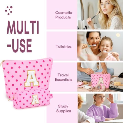 mibasies 2 PCS Initial Makeup Bags for Women: Cosmetic Bag for Travel Toiletry - Birthday Gifts for Teen Girl Gifts Trendy Stuff - Graduation Teacher Gift for Girlfriend -Polka Dot Rose Red A - Image 4
