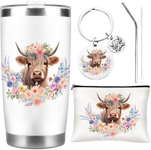 CRASHOT Highland Cow Gifts for Women, Highland Cow Gift, Includes 20 oz Tumbler Cosmetic & Keychain, Birthday Thanksgiving Christmas Surprise for Girls Sister Daughter Best Friends by CRASHOT