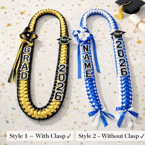 Personalized Graduation Lei 2026 – Custom Name Braided Satin Ribbon Lei Class of 2026 with Varsity Letter Patches & Graduation Cap Charm 12 School Colors | Graduation Gift for Him Her - Image 5