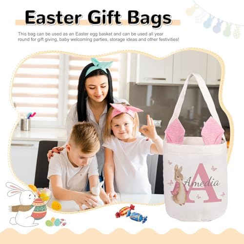 Personalized Bunny Ears Bucket Bag with Custom Name Photo-Easter Bag with Handle-Soft Egg Basket -Customized Easter Basket-Great for Carrying Gift Easter Eggs (Styles 1) - Image 4