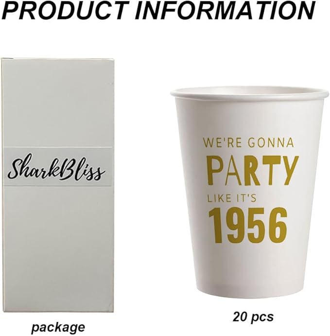 SharkBliss 1956 70th Birthday Party Cups 9oz Gold 20 Pack for Him Her – Party Like It's 1956