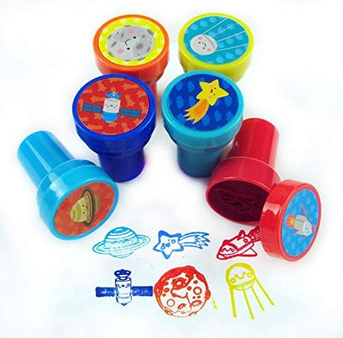 TINYMILLS 24 Pcs Outer Space Stampers for Kids Party Favor Goodie Bag Stuffers Pinata Fillers Classroom Rewards Carnival Prizes Rocket Space Galaxy Party Supplies Sunday School Rewards