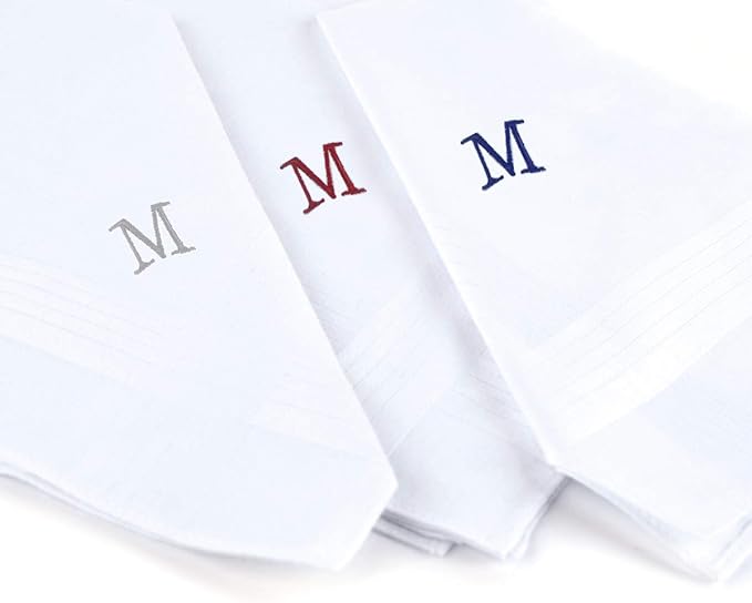 Initial Handkerchief for Men, Monogrammed Boxed 3 Piece Set,100% Cotton