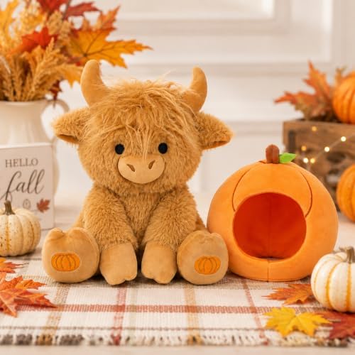 Fall Highland Cow Stuffed Animals - 9inch Pumpkin Highland Cow Plush - Image 4