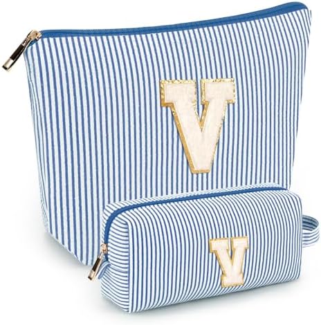 2 PCS Initial Makeup Bags for Women: Cosmetic Bag for Travel Toiletry - Birthday Gifts for 11 12 13 14 15 16 17 18 Years Old Girl Graduation Teacher Gift- Teen Girl Gifts Trendy Stuff - Blue V by mibasies