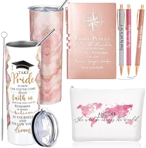 Domensi 6 Pcs Class of 2026 Graduation Gifts for Her Women Rose Pink 20 oz Tumbler Makeup Bag Journal Ballpoint Pen Inspirational Graduation Gifts Set for College High School Daughter Sister Friend by Domensi