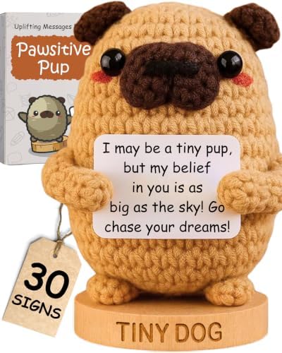 Dog lover Gifts for Women - Handmade Positive Crochet Animal W/ 30 Uplifting Signs - Funny Birthday Gifts for Dog Mom, Cute Present Idea for Women for Christmas, Emotional Support Office Desk Decor by GotYouaLittleSomething