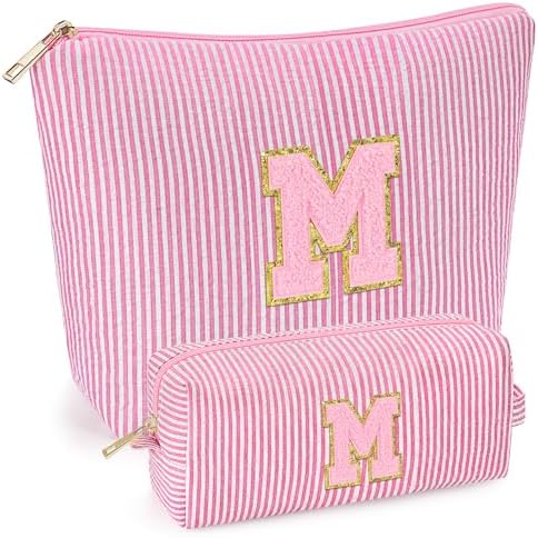 mibasies 2 PCS Initial Makeup Bags for Women: - Birthday Gifts for Teen Girls 11 12 13 14 15 16 Years Old - Preppy Trendy Stuff - Cosmetic Bag for Travel Toiletry - Pink M by mibasies